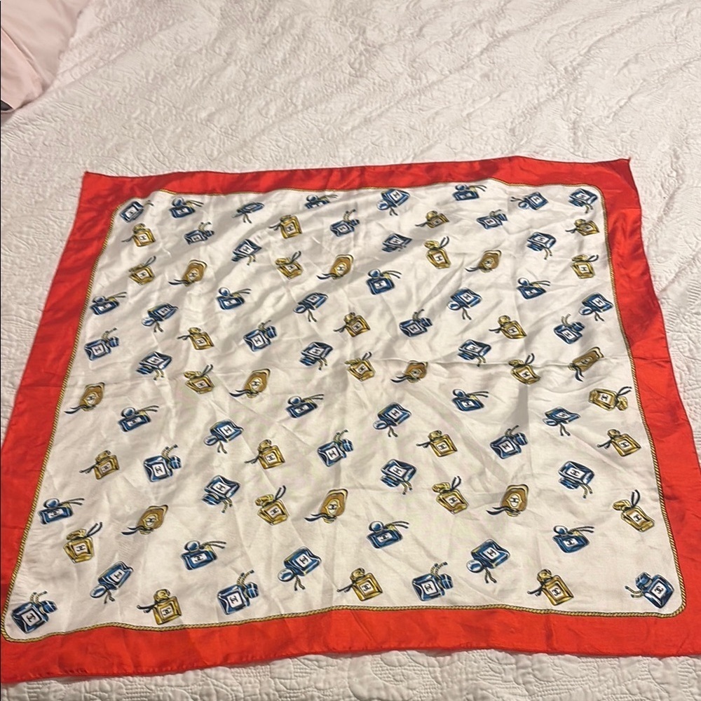 Vintage Chanel Red and White perfume bottle Patterned Scarf